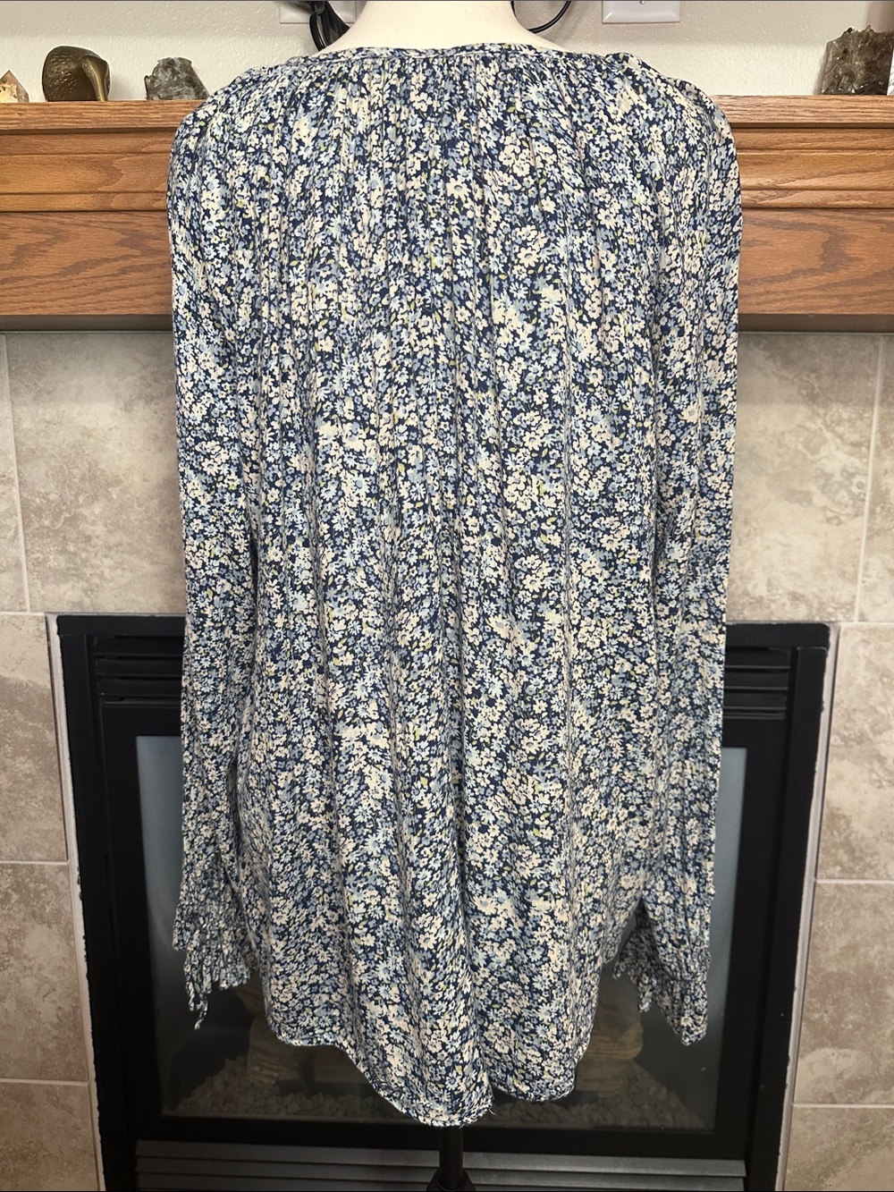 Chaps XXL Blue Floral Boho Peasant Blouse Ruffle Sleeve Cottagecore Top - Picture 2 of 14